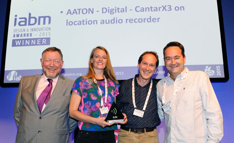 From left, Peter White, CEO IABM; Karine Fouque, Sales Director Aaton Digital, Pierre Michoud and Pascal Grillere, Aaton Digital Technical Engineers